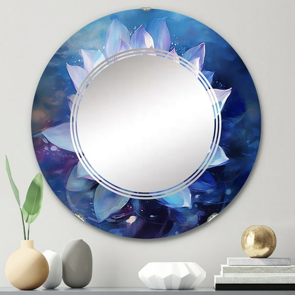 DESIGN ART Designart "Blue Pink Blue Pink Lotus Pond" Floral Modern Wall Mirror 24in.x24in.