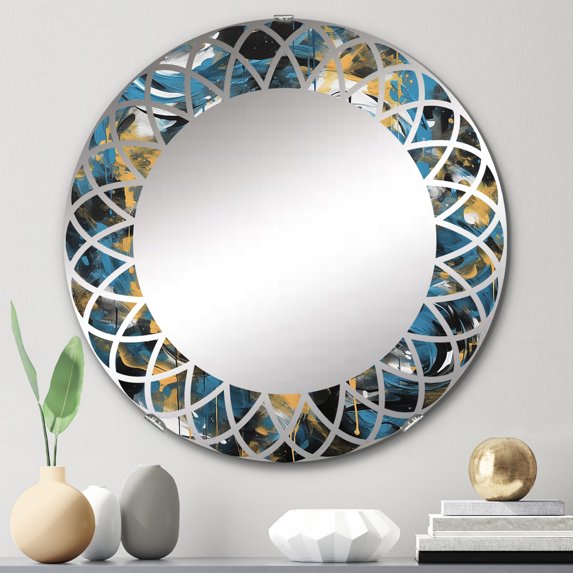 DESIGN ART Designart "Blue and Yellow Abstracted Realms I" Abstract Modern Wall Mirror 24in.x24in.