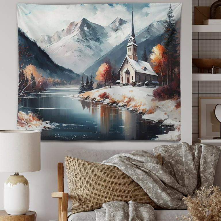 DESIGN ART Designart Church On A Lake In Winter I Lake Church Wall Tapestry 60 in. x 50 in. Walmart