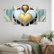 DESIGN ART Designart "Contemporary Pastel Gold Radiating Heart II" Romantic Abstract Multipanel Wall Decor 60 In. Wide X 32 In. High - 5 Panels