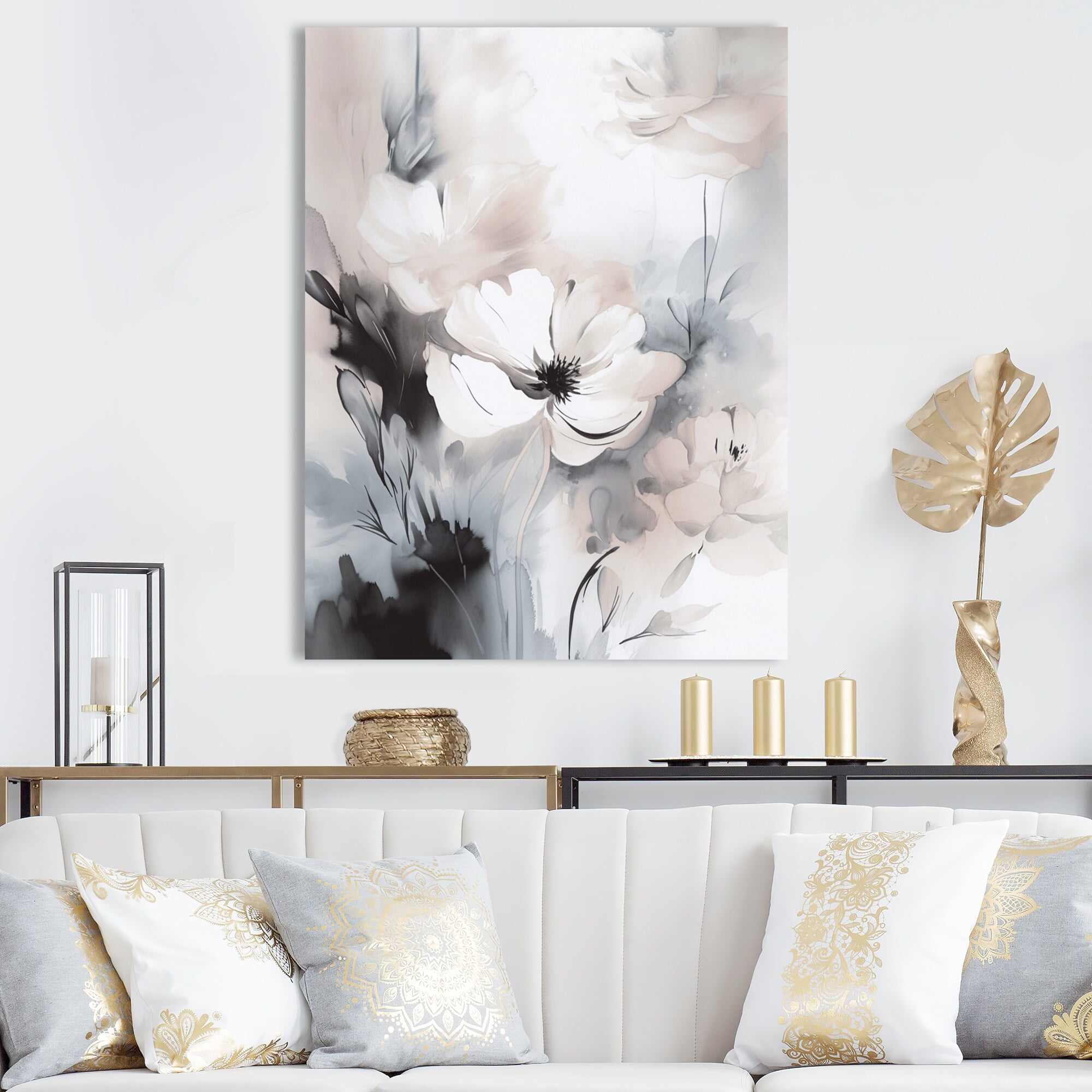 Delicate Gray and White Floral Canvas Art Print 12" x 20"