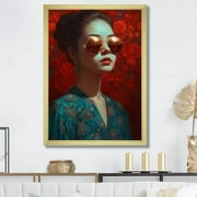 DESIGN ART Designart "Fashionable Japenese Woman Vi" Japon Woman  Framed Wall Art Prints 16 in. wide x 32 in. high - Gold