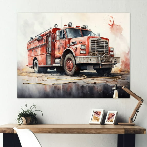 DESIGN ART Designart "Fire Truck"S Fiery Pursuit Ii" Transportation Fire Truck Wall Art Prints 32 in. wide x 16 in. high