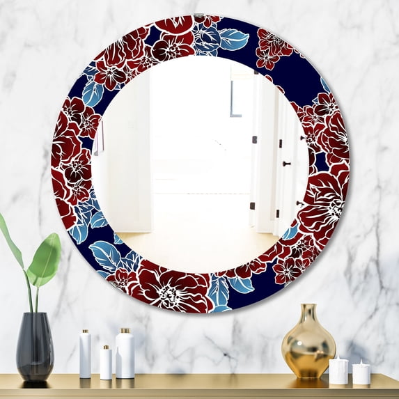 DESIGN ART Designart 'Floral Elements In Color' Printed Traditional Oval or Round Wall Mirror - Red 32in.x32in.