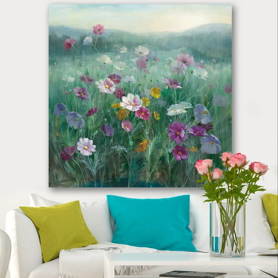 DESIGN ART Designart "Flower field" Floral Farmhouse Premium Canvas Wall Art 30 in. wide x 30 in. high