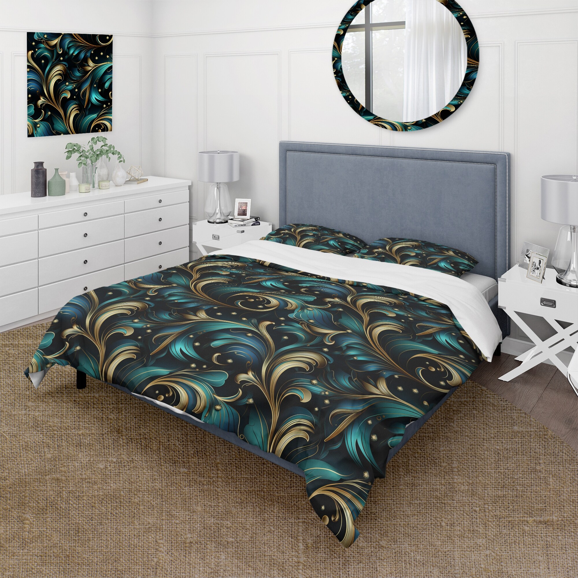 DESIGN ART Designart "Gold And Blue Luxury Damask Serenade IV" Damask Bedding Cover Set With 2