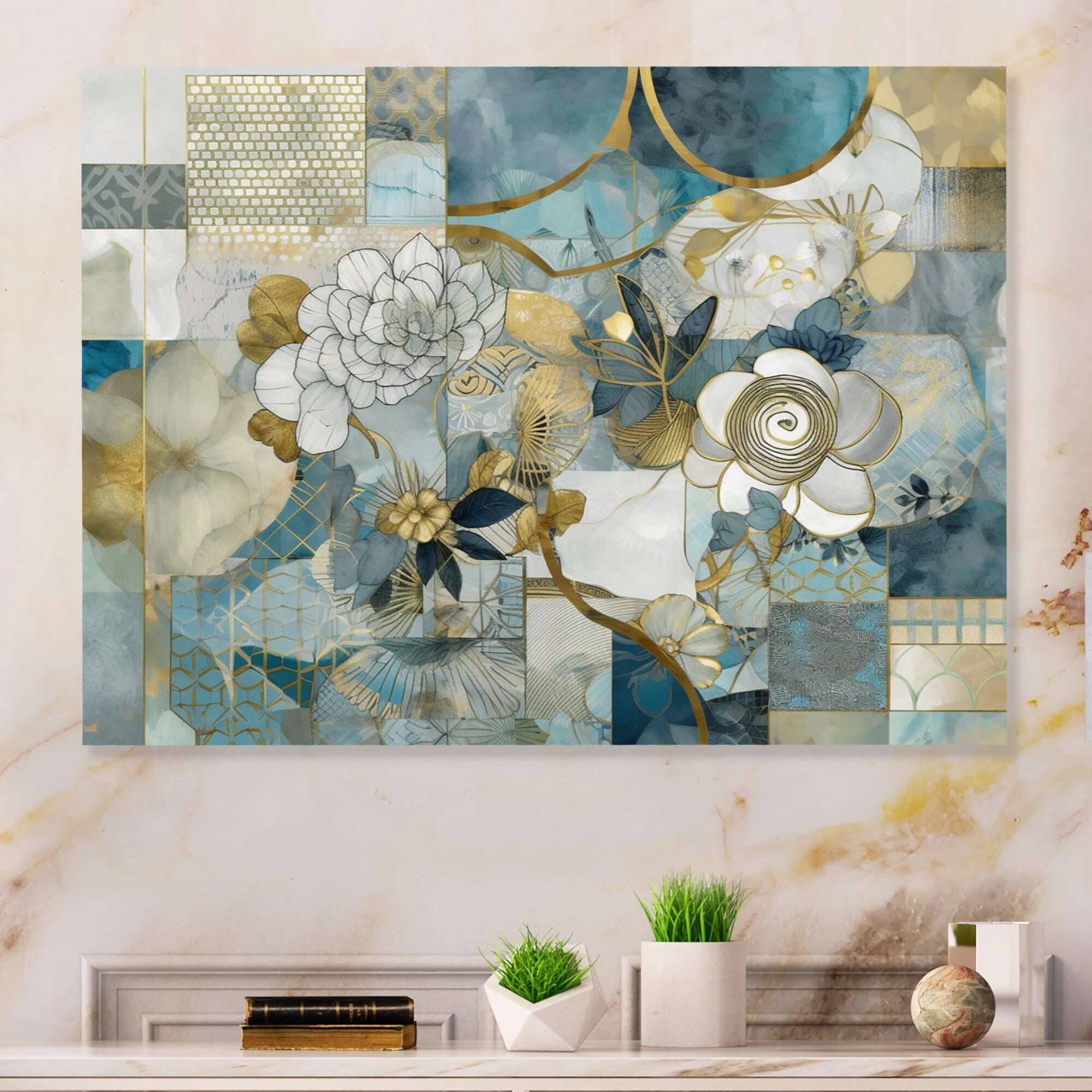 DESIGN ART Designart "Golden Blue Marble Floral Design II" Floral Metal
