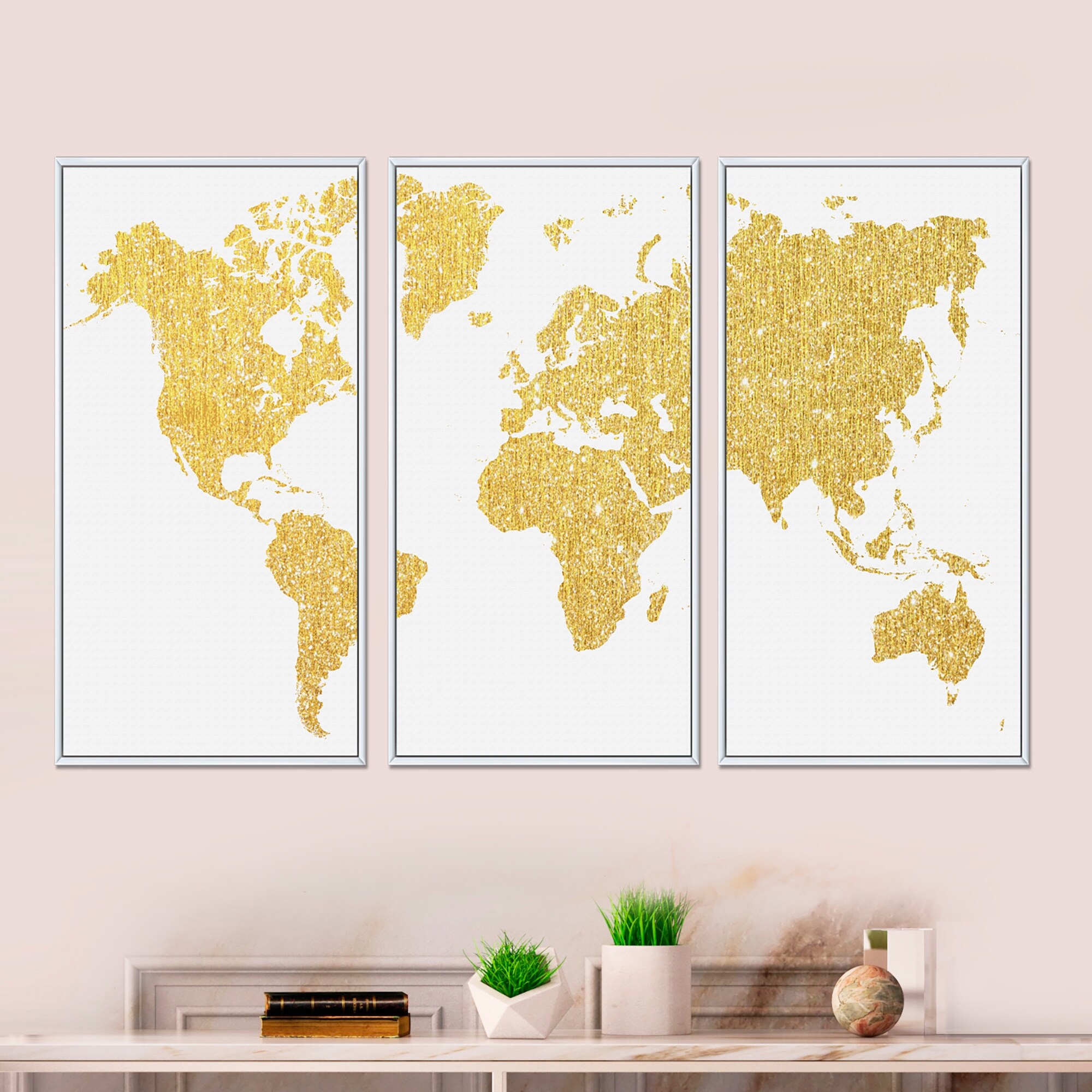 DESIGN ART Designart "Golden Map Of The Earth" Glam Framed Wall Art Set