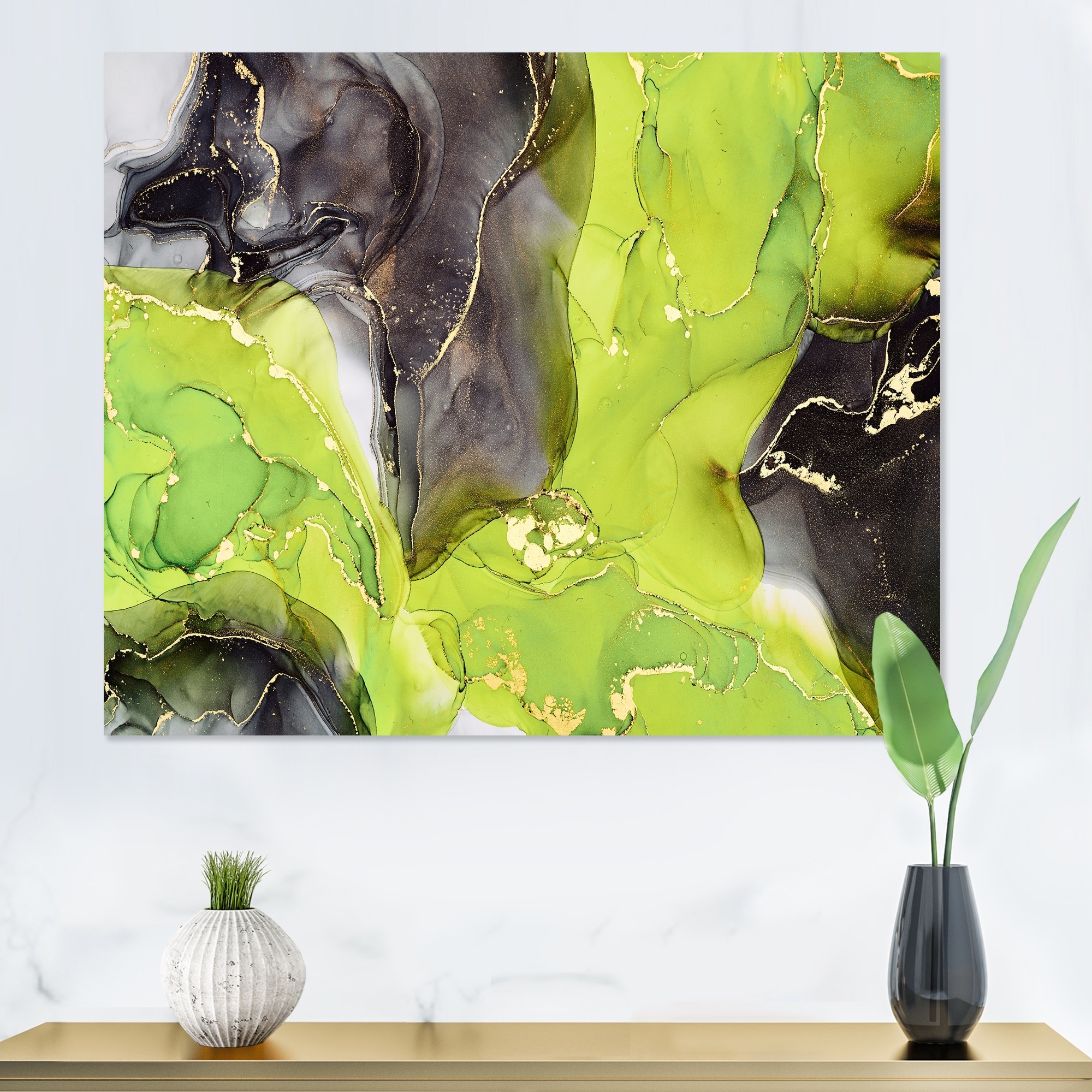 DESIGN ART Designart "Green And Black Luxury Abstract Fluid Art I