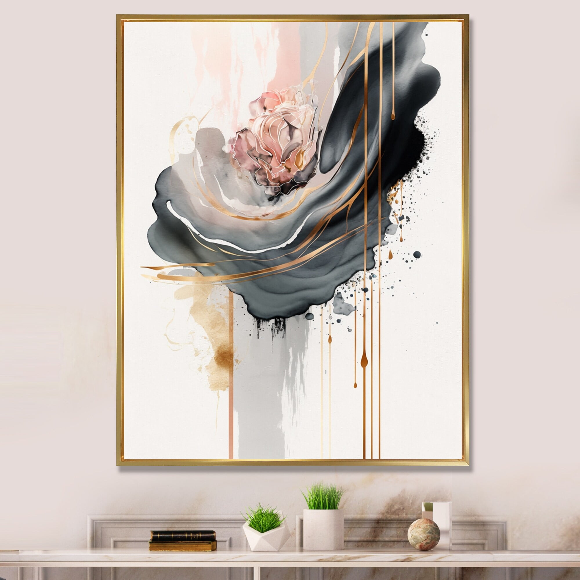DESIGN ART Designart "Grey Elegant Roses" Floral Roses Framed Canvas