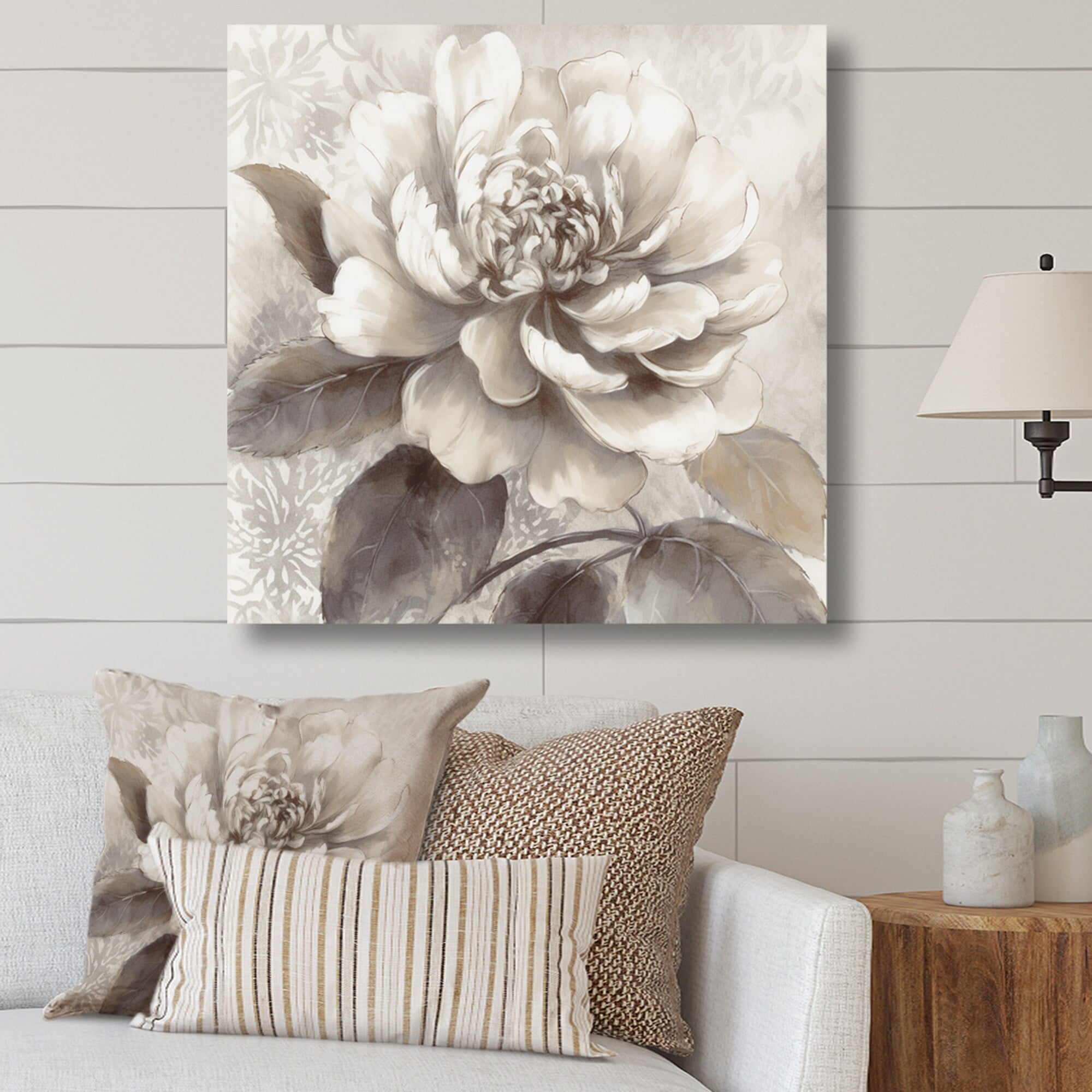 DESIGN ART Designart "Grey Peonies On Branch Ii" Floral Peony Canvas ...