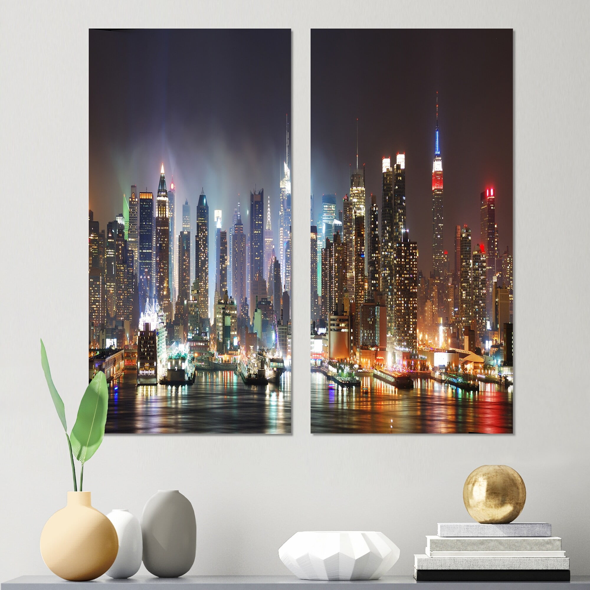 DESIGN ART Designart "Lit NYC Manhattan Skyline" Cityscape Canvas Wall