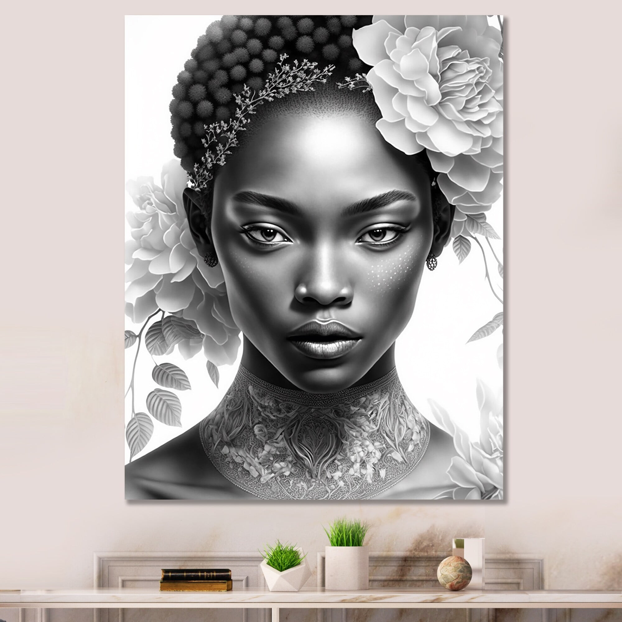 DESIGN ART Designart "Monochrome African Princess With White Flower