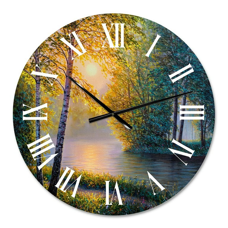 DESIGN ART Designart 'Morning Summer With Beautiful River Spring Forest'  Lake House wall clock 16 In. Wide x 16 In. High