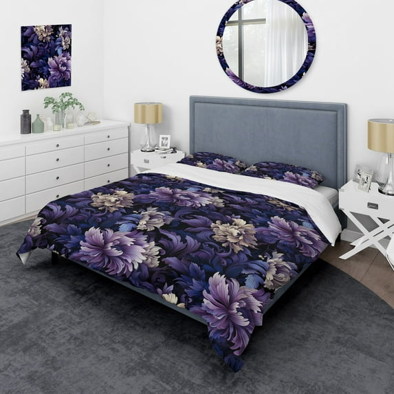 DESIGN ART Designart "Mystic Purple Damask Whispers III" Damask bed cover set with 2 shams Full - Queen