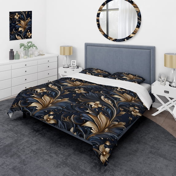 DESIGN ART Designart "Opulent Allure Deep Navy" Gold Bohemian - Bedding Cover Set With Shams Queen