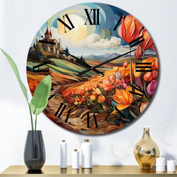 DESIGN ART Designart "Orange Teal Netherlands Tulip Tapestry Rows" Landscapes Oversized Wall Clock 16 In. Wide x 16 In. High