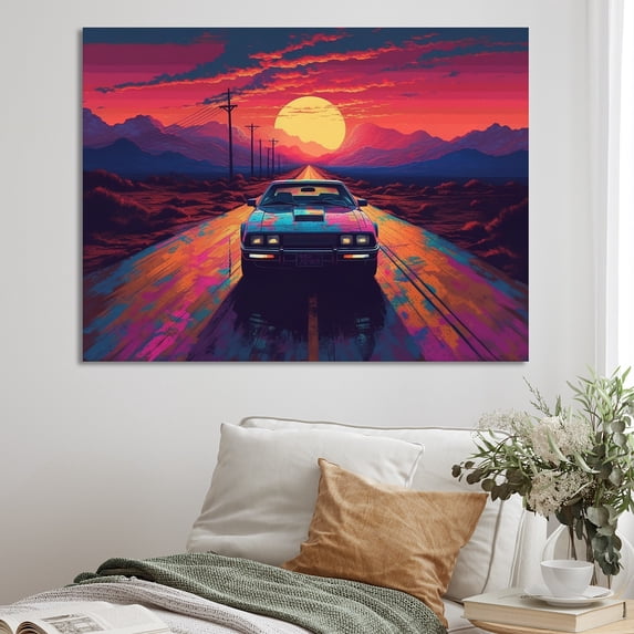 DESIGN ART Designart "Pink And Blue Vintage Car Charisma" Retro Car Wall Decor 32 in. wide x 24 in. high