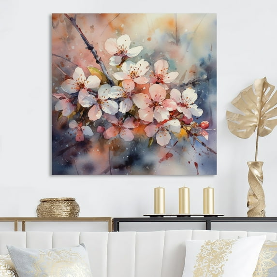 DESIGN ART Designart "Pink Blue Apple Tree Melody" Floral Apple Tree Canvas Wall Art 16 in. wide x 16 in. high