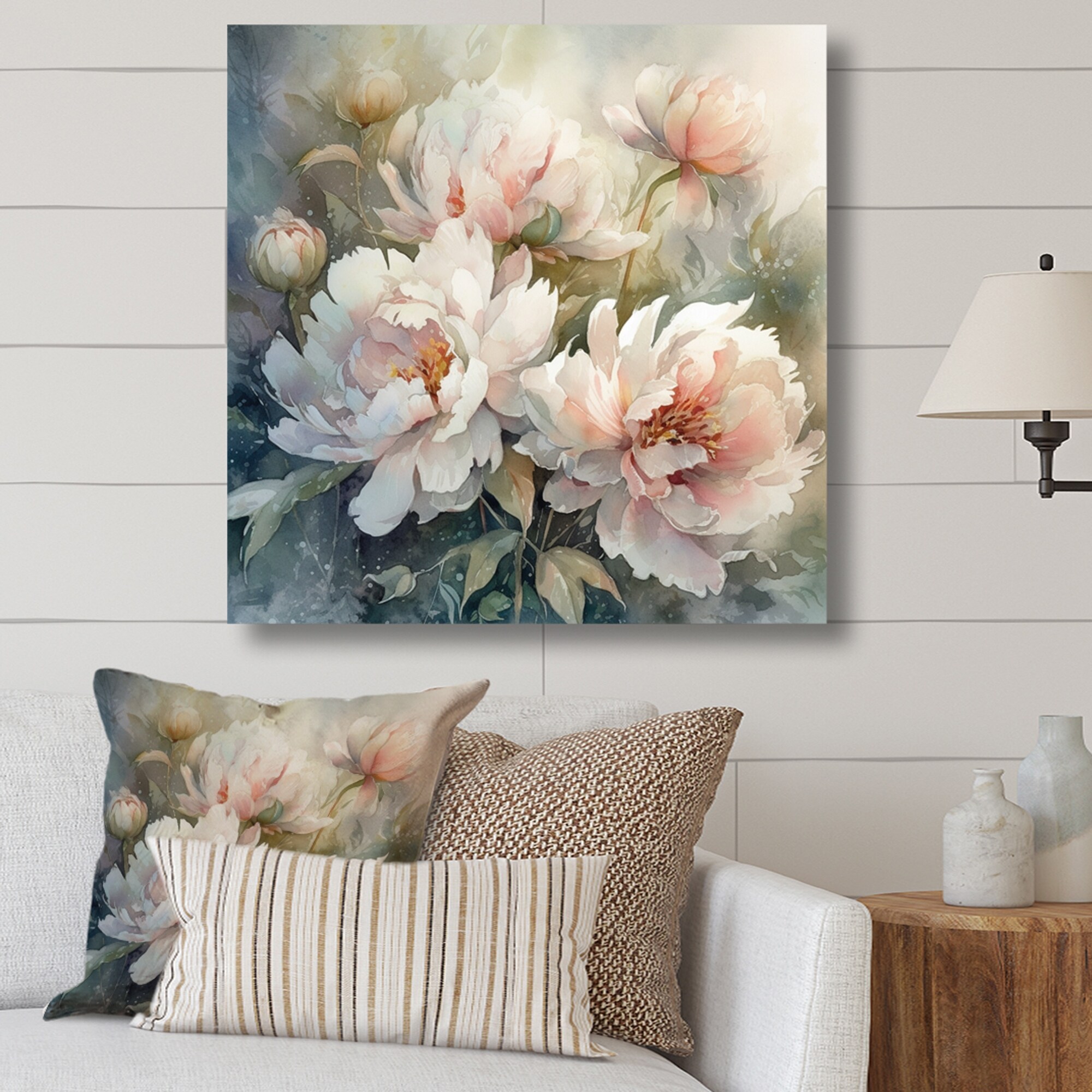 Designart "Pink Green Peonies On Branch II" Floral Peony Wall Decor