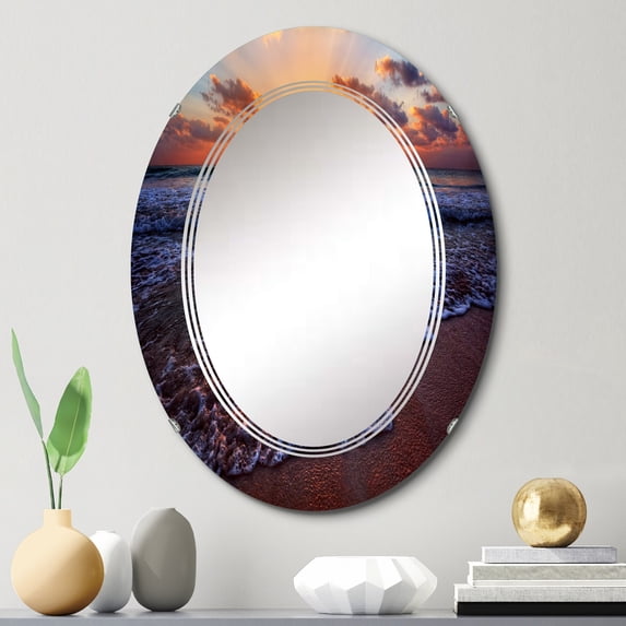DESIGN ART Designart 'Placid Shore And Whimsical Clouds' Nautical & Coastal Printed Wall Mirror 20in.x30in.