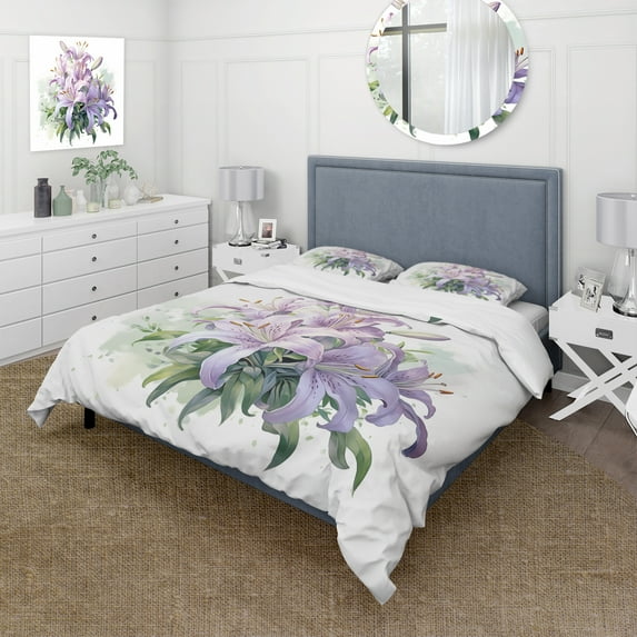 DESIGN ART Designart "Purple Green Lily Symphony I" Purple Traditional - Bed Cover Set With Shams King