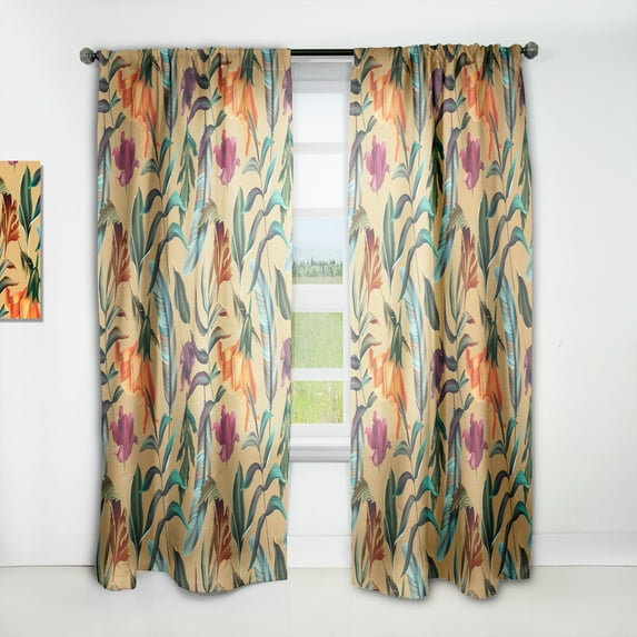 DESIGN ART Designart 'Retro Tropical Flowers and Feathers' Vintage Curtain Single Panel 52 in. wide x 84 in. high - 1 Panel 84 Inches
