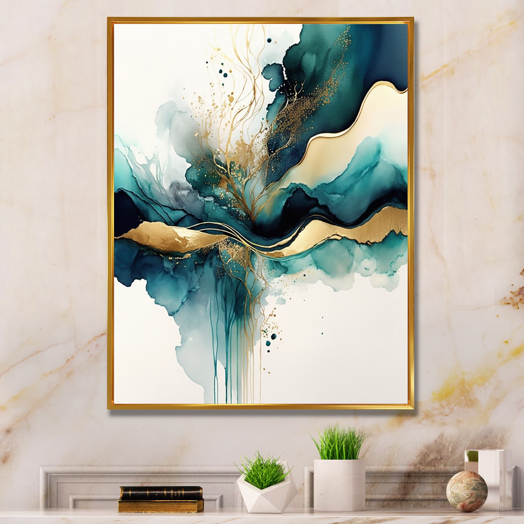 DESIGN ART Designart "Teal And Gold Abstract Expression III" Modern