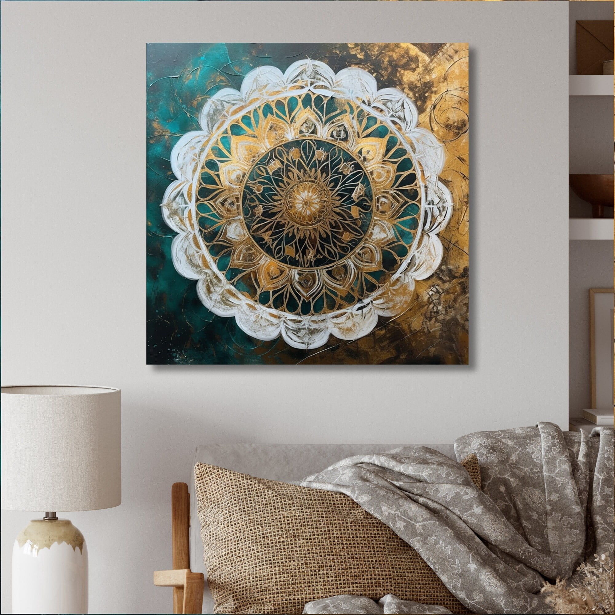 DESIGN ART Designart "Teal And Gold Mandala I" Boho Mandala Wall Decor ...