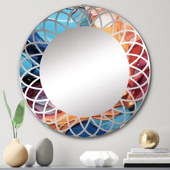 DESIGN ART Designart "Teal Orange Abstract Fractal Collage Symphony" Modern Wall Mirror 24in.x24in.