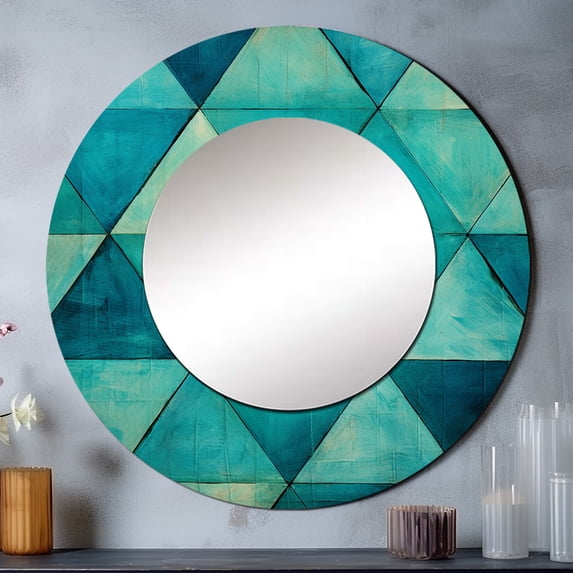 DESIGN ART Designart "Turquoise Triangles" Abstract Shapes Round Bathroom Mirror - Blue Modern Round Wall Décor 29x29 - Disc of 29 Inch