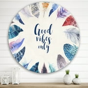 DESIGN ART Designart 'Vibrant Blue Feather Good VIbes Only' Bohemian & Eclectic Metal Circle Wall Art 36x36 - Disc of 36 Inch