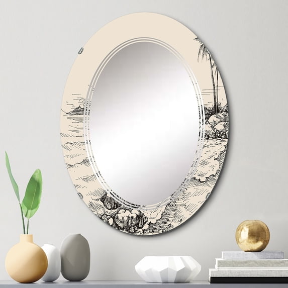 DESIGN ART Designart 'Vintage Sea View And Palm Trees On Shore' Nautical & Coastal Printed Wall Mirror 20in.x30in.