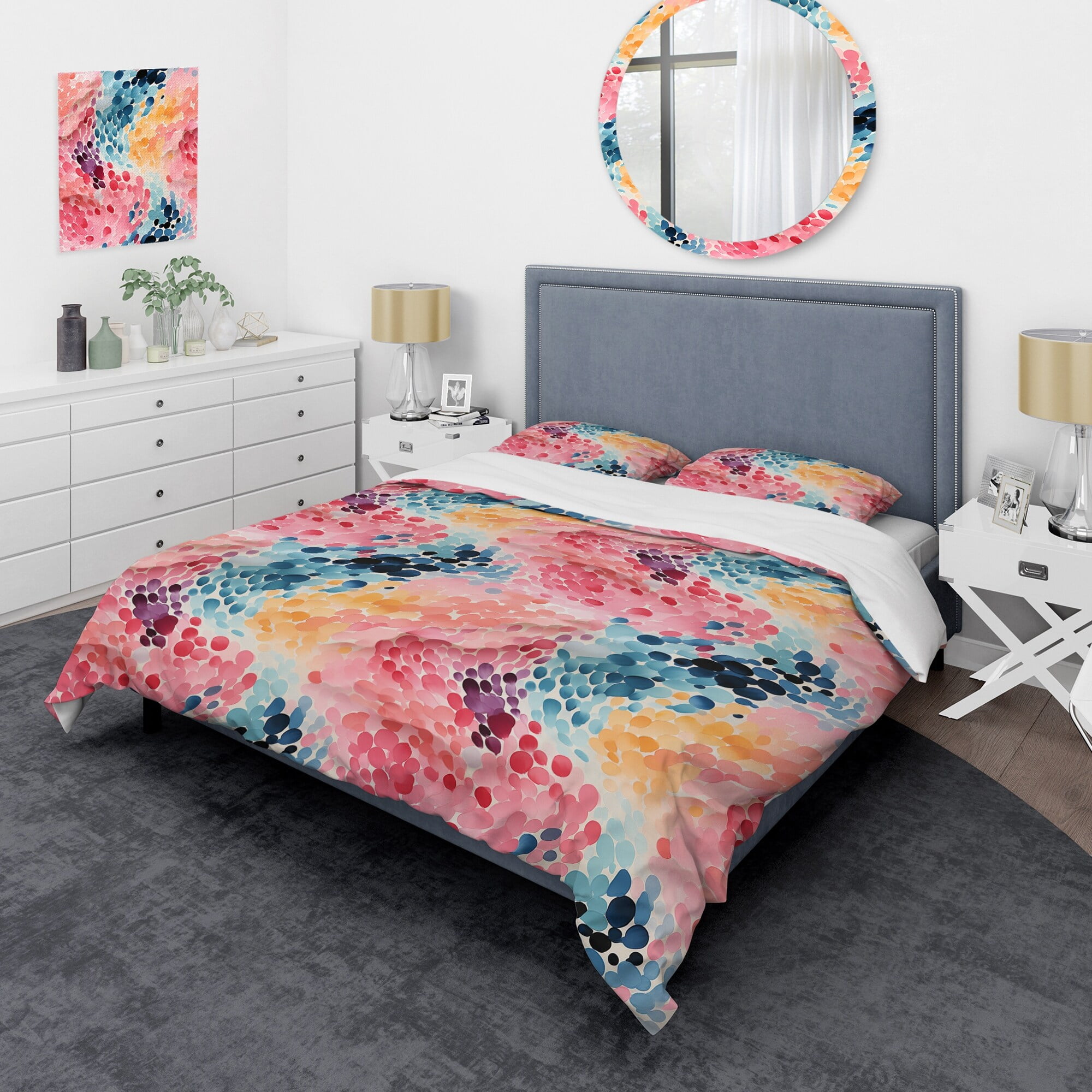 King Size Pink and Blue Abstract Microfiber Duvet Cover Set