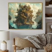 DESIGN ART Designart "Whimsical Island Of Trees And Mountains Iv" Japon Landscape Framed Wall Art For Living Room 44 in. wide x 34 in. high - Gold