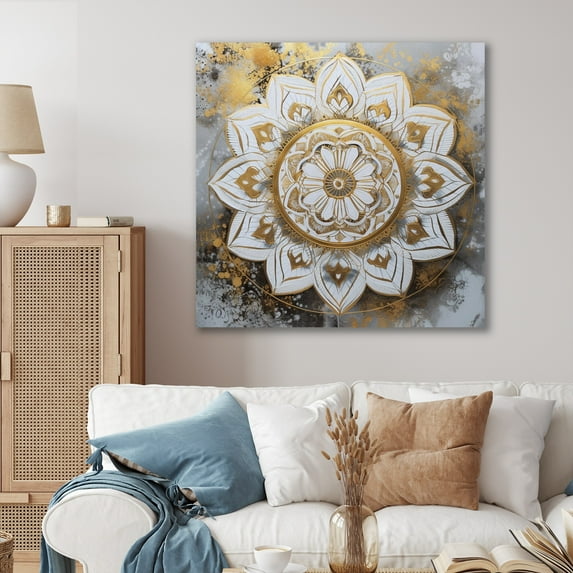 DESIGN ART Designart "White And Gold Mandala V" Boho Mandala Wall Art For Living Room 16 in. wide x 16 in. high
