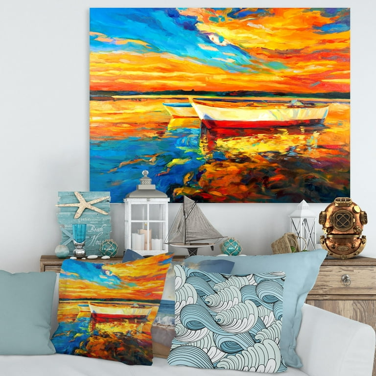 DESIGN ART Designart White & Red Boats By The Pier At A VIbrant Sunset  Nautical & Coastal Canvas Wall Art Print 32 in. wide x 24 in. high