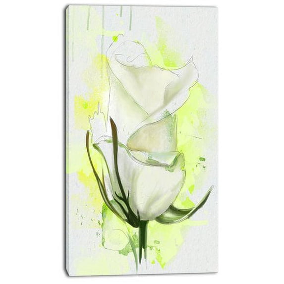 DESIGN ART Designart "White Roses Watercolor Sketch" Modern Floral Canvas Wall Art - White 16 in. wide x 32 in. high
