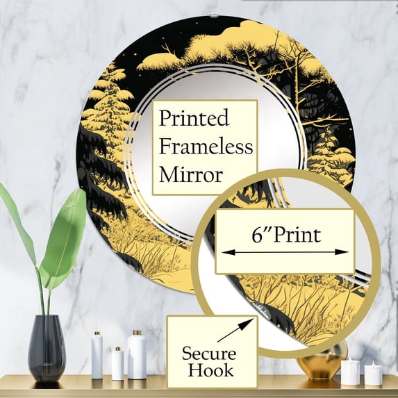 DESIGN ART Designart 'Winter Trees In The Snow Mountain Forest III' Printed Landscape Forest Wall Mirror 32in.x32in.