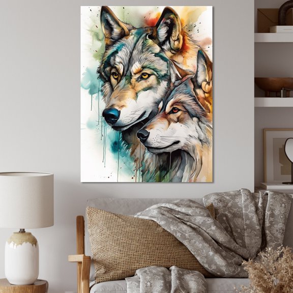 DESIGN ART Designart "Wolves Portrait Watercolor1" Animals Wolf Canvas Wall Art 34 in. wide x 44 in. high