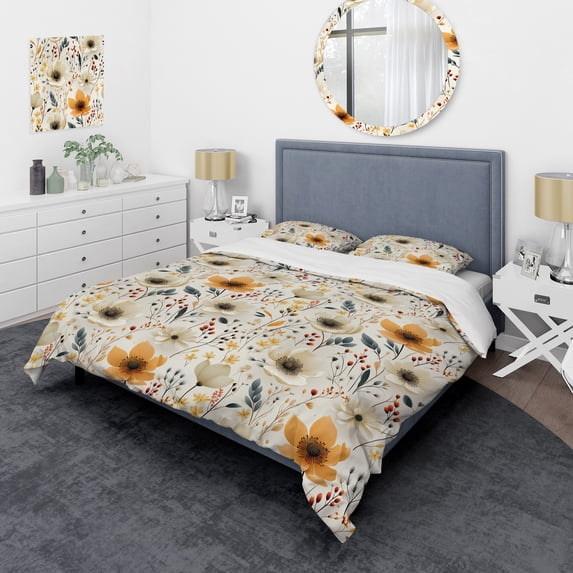 DESIGN ART Designart "Woodland Autumn Cottage Flowers" Beige Cottage Bedding Set With Shams Twin