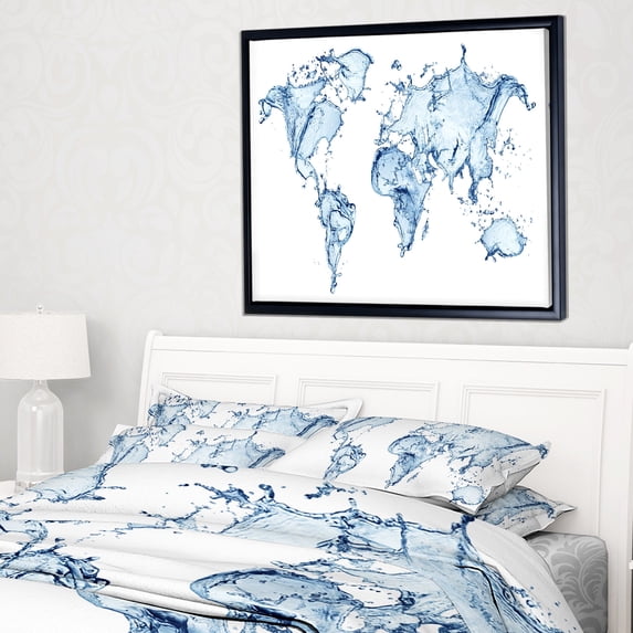 DESIGN ART Designart 'World Map Water Splash' Abstract Map Framed Canvas Art Print