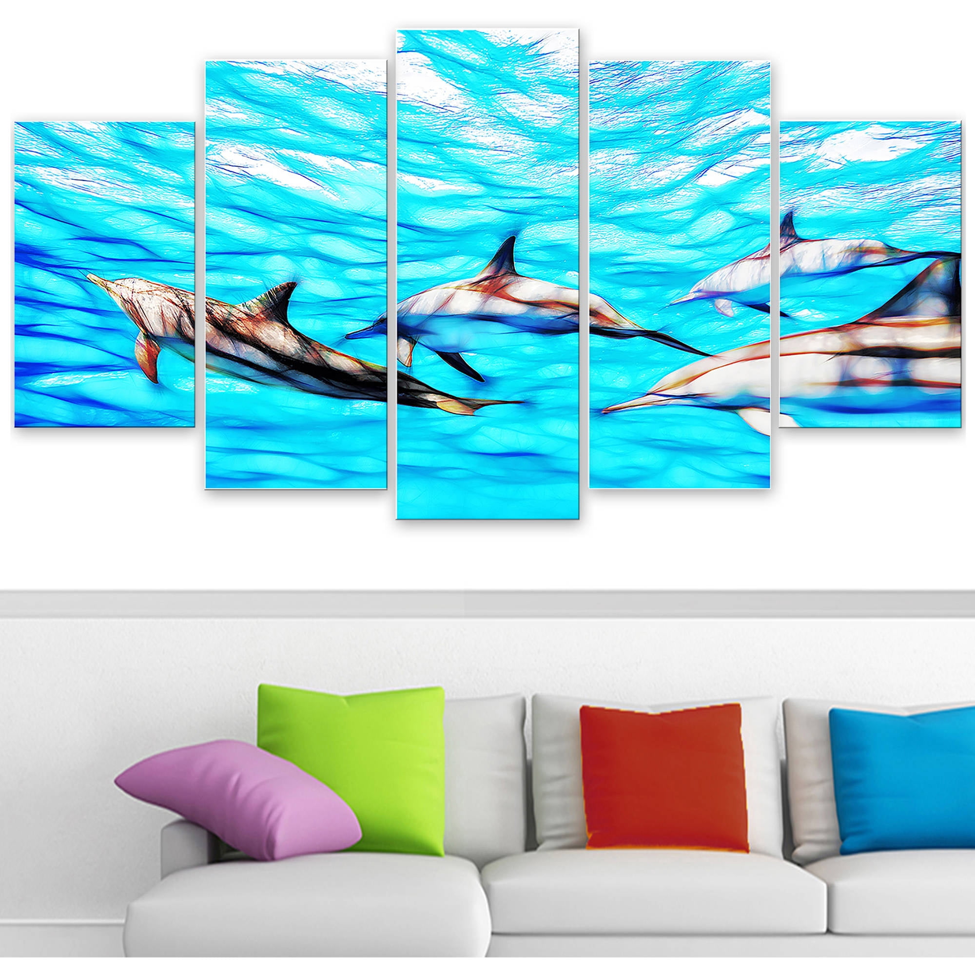 DESIGN ART 'Family of Dolphins' Ocean Art on Canvas 60 in. wide x 32 in. high - 5 Panels Diamond Shape