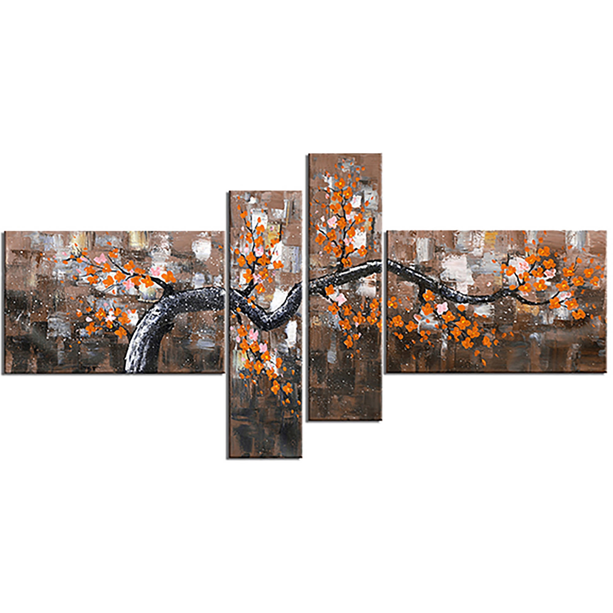 DESIGN ART Oversized "Floral" 4-panel Gallery-wrapped Canvas Print Orange
