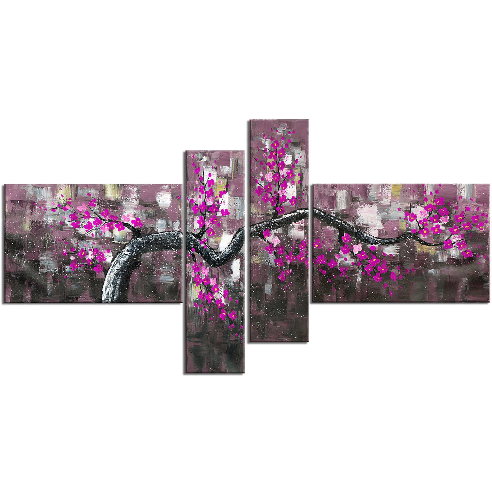 DESIGN ART Oversized "Floral" 4-panel Gallery-wrapped Canvas Print Purple