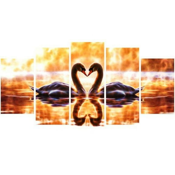DESIGN ART  "Swooning Swans" Romantic Swan Canvas Art 60 in. wide x 32 in. high - 5 Panels Diamond Shape
