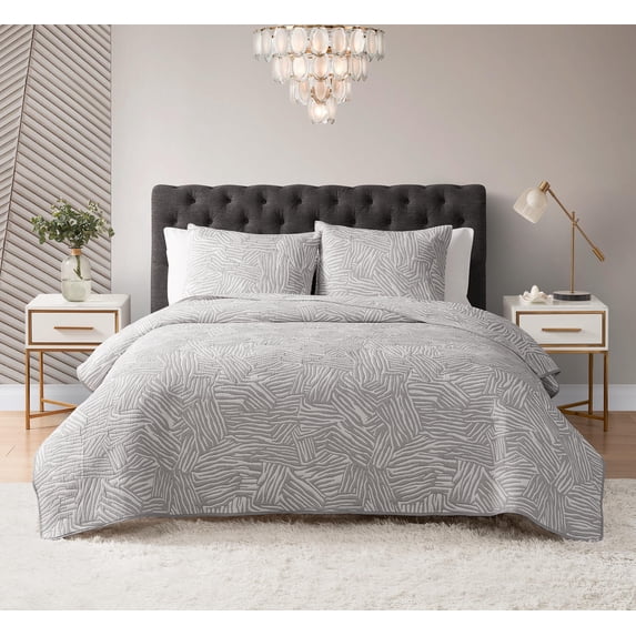 DESIGN STUDIO Abstract Zebra Light Grey 3-Piece All-Season Soft Woven Matelasse Jacquard Reversible Cotton Blend Quilt Set - King