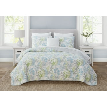 DESIGN STUDIO Althea Floral Spa Blue Soft Cotton 3 Piece Quilt Set - Full/Queen