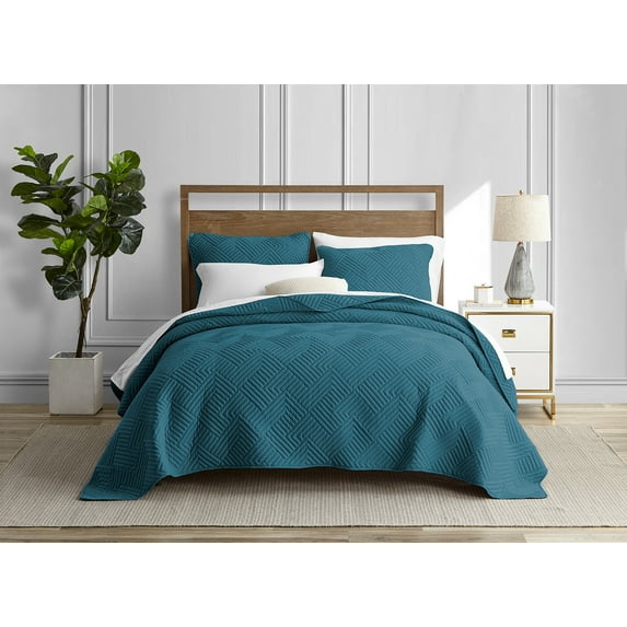 DESIGN STUDIO Garment Wash Grid Teal 3-Piece Microfiber Quilt Set - Full/Queen