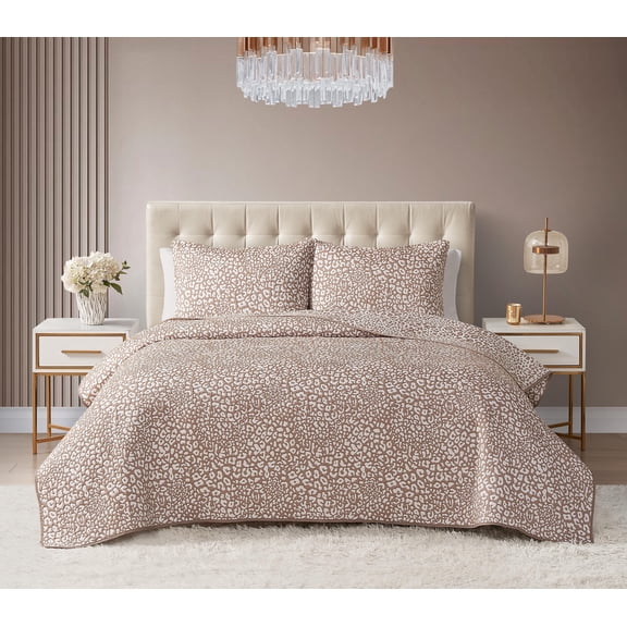 DESIGN STUDIO Leopard Cocoa 3-Piece All-Season Soft Woven Matelasse Jacquard Reversible Cotton Blend Quilt Set - Full/Queen